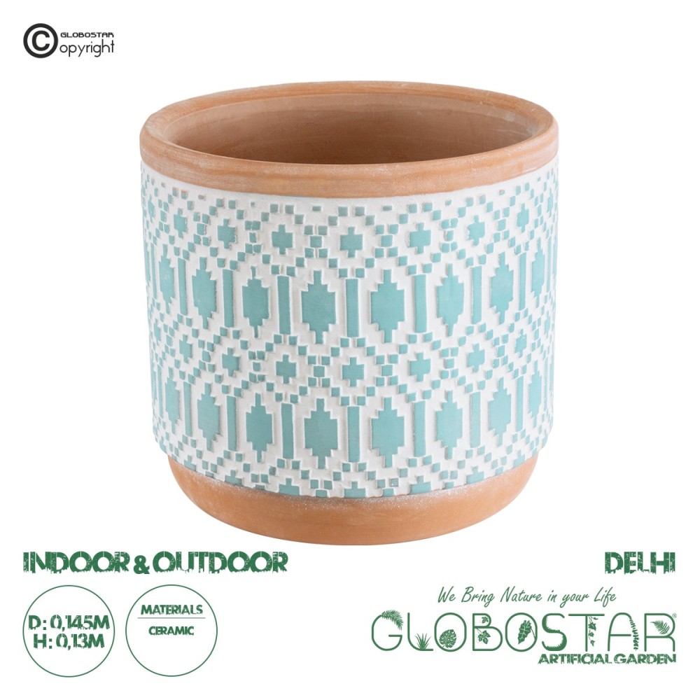 GloboStar® Artificial Garden DELHI 20523 Διακοσμητικό Κεραμικό Κασπώ Γλάστρα - Flower Pot Γαλάζιο με Λευκό και Μπεζ Φ14.5 x Υ13cm
